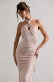 Jaiya Champagne Ruched Halter-Neck Asymmetric Maxi Dress