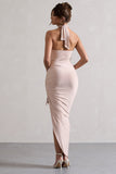 Jaiya Champagne Ruched Halter-Neck Asymmetric Maxi Dress