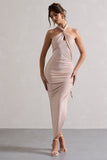 Jaiya Champagne Ruched Halter-Neck Asymmetric Maxi Dress