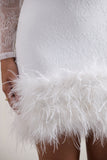 Mariana White Lace Long-Sleeve Mini Dress With Feather Trim