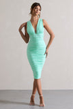 Attract Mint Ruched Plunge-Neck Midi Dress