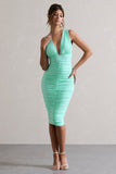 Attract Mint Ruched Plunge-Neck Midi Dress