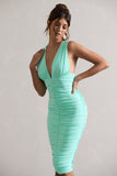 Attract Mint Ruched Plunge-Neck Midi Dress