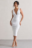 Attract White Ruched Plunge-Neck Midi Dress