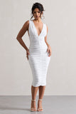 Attract White Ruched Plunge-Neck Midi Dress
