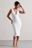 Attract White Ruched Plunge-Neck Midi Dress
