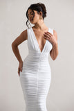 Attract White Ruched Plunge-Neck Midi Dress