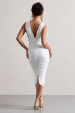 Attract White Ruched Plunge-Neck Midi Dress