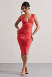 Attract Coral Ruched Plunge-Neck Midi Dress