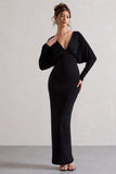 Ruth Black Draped Plunge-Neck Maxi Dress