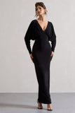 Ruth Black Draped Plunge-Neck Maxi Dress