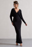Ruth Black Draped Plunge-Neck Maxi Dress
