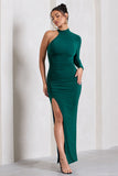 Alina Bottle Green Ruched High-Neck Asymmetric Split Maxi Dress