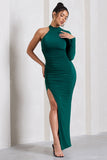 Alina Bottle Green Ruched High-Neck Asymmetric Split Maxi Dress