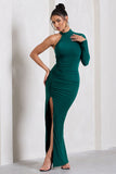Alina Bottle Green Ruched High-Neck Asymmetric Split Maxi Dress