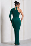 Alina Bottle Green Ruched High-Neck Asymmetric Split Maxi Dress