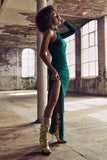 Alina Bottle Green Ruched High-Neck Asymmetric Split Maxi Dress