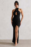 Kira Black Halter-Neck Cut-Out Split Maxi Dress With Flowers