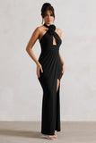 Kira Black Halter-Neck Cut-Out Split Maxi Dress With Flowers