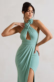 Kira Sage Halter-Neck Cut-Out Split Maxi Dress With Flowers