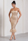 Cherie Champagne Sequin Corset Midi Dress With Feather Trim