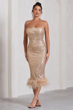 Cherie Champagne Sequin Corset Midi Dress With Feather Trim