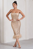 Cherie Champagne Sequin Corset Midi Dress With Feather Trim