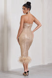 Cherie Champagne Sequin Corset Midi Dress With Feather Trim