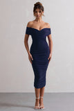 Unwrapped Navy Ruched Twist Bardot Midi Dress