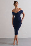 Unwrapped Navy Ruched Twist Bardot Midi Dress