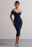 Unwrapped Navy Ruched Twist Bardot Midi Dress