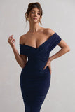 Unwrapped Navy Ruched Twist Bardot Midi Dress