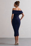 Unwrapped Navy Ruched Twist Bardot Midi Dress