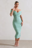 Unwrapped Sage Ruched Twist Bardot Midi Dress