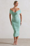 Unwrapped Sage Ruched Twist Bardot Midi Dress