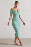Unwrapped Sage Ruched Twist Bardot Midi Dress