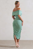 Unwrapped Sage Ruched Twist Bardot Midi Dress
