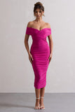 Unwrapped Dark Pink Ruched Twist Bardot Midi Dress