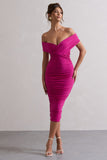 Unwrapped Dark Pink Ruched Twist Bardot Midi Dress