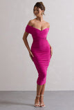 Unwrapped Dark Pink Ruched Twist Bardot Midi Dress