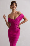Unwrapped Dark Pink Ruched Twist Bardot Midi Dress