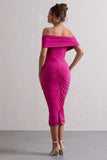Unwrapped Dark Pink Ruched Twist Bardot Midi Dress
