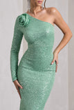 Love Language Mint Green Sequin One Shoulder Maxi Dress With Corsage