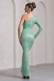 Love Language Mint Green Sequin One Shoulder Maxi Dress With Corsage