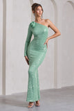 Love Language Mint Green Sequin One Shoulder Maxi Dress With Corsage