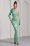 Love Language Mint Green Sequin One Shoulder Maxi Dress With Corsage