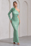 Love Language Mint Green Sequin One Shoulder Maxi Dress With Corsage