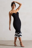 Ramona Black Bodycon Sweetheart Midi Dress With Floral Trim