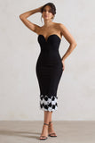 Ramona Black Bodycon Sweetheart Midi Dress With Floral Trim