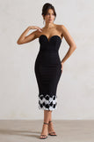 Ramona Black Bodycon Sweetheart Midi Dress With Floral Trim
